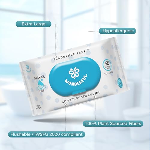 WONDERFUL Flushable Wipes, Unscented 100% Plant-Based Wet Butt Wipe for Adults & Kids, Sewer Septic Safe, Gentle for Sensitive Skin, Wipes Flushable Pack for Bathroom & Travel, 6-Pack (360 Counts)