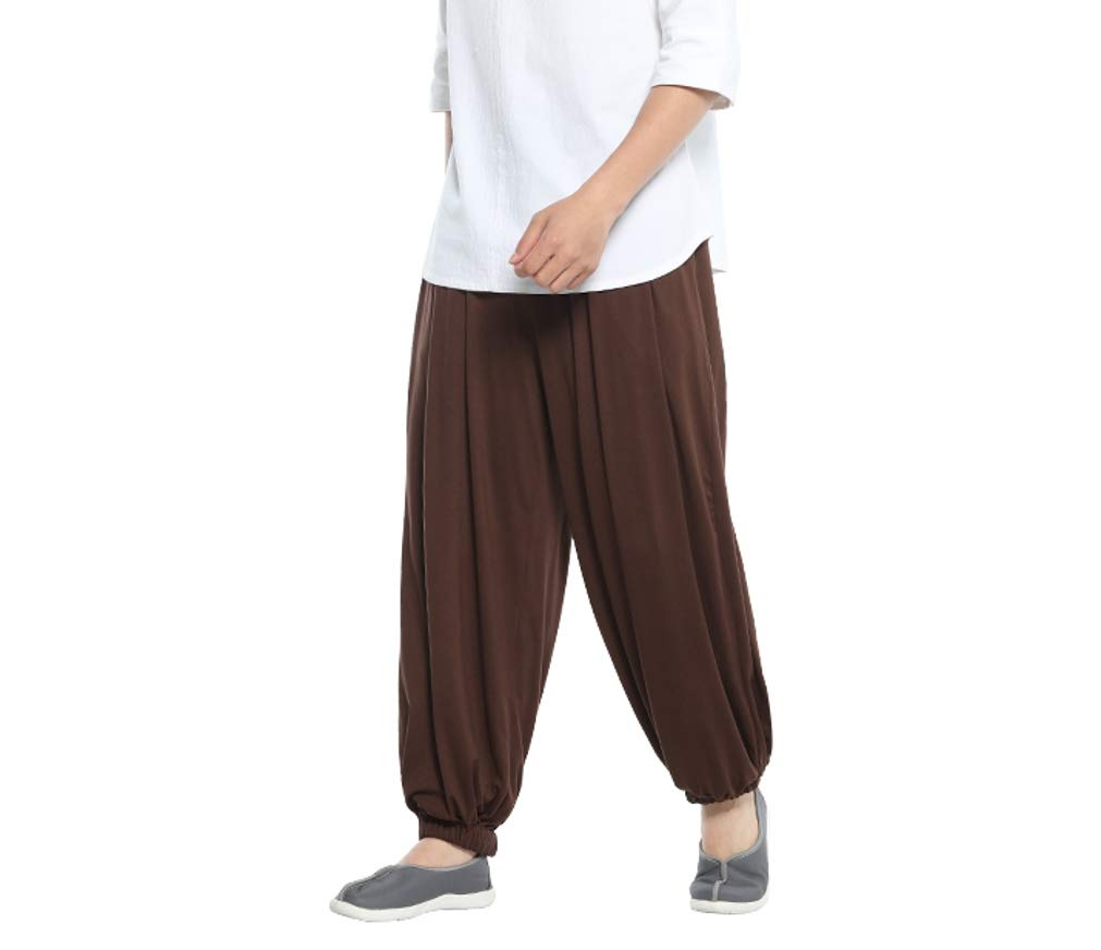 DGXIN Men Elasticated Waist Monk Trousers Lay Buddhist Yoga Kungfu Summer Zen Pants (L, Coffee)