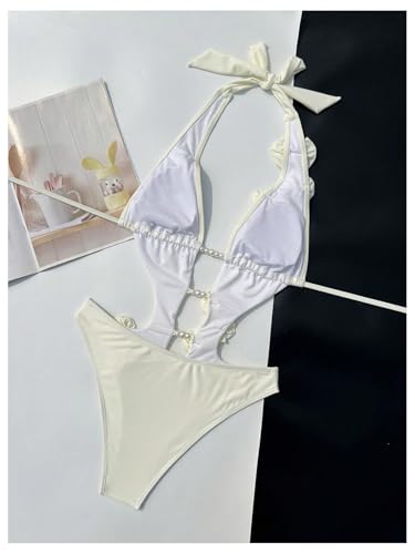 WDIRARA Women's 3D Floral Cut Out One Piece Swimsuit Deep V Neck Tie Halter Backless Swimwear3