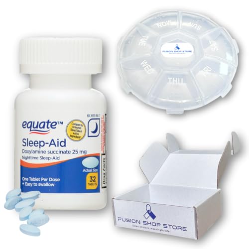 Equate Doxylamine Succinate 25 mg Sleep Aid 32 Ct, Set with Fusion Shop Store Week case (1) (Pack of 1)