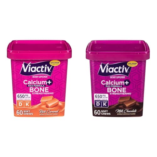 Viactiv Calcium +Vitamin D3 Supplement Soft Chews, Caramel & Calcium +Vitamin D3 Supplement Soft Chews, Milk Chocolate, 60 Chews - Calcium Dietary Supplement for Bone Health