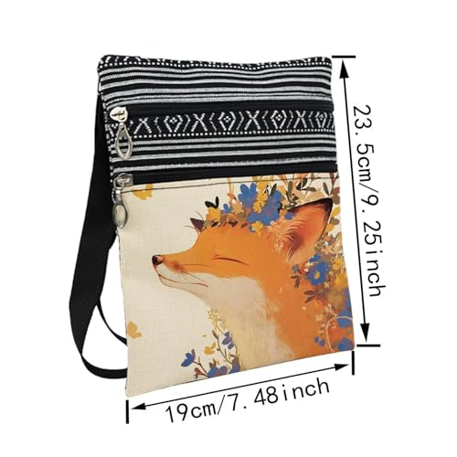 Floral Fox Messenger Bag Small Ethnic Pattern Printed Adjustable Strap Crossbody Zipper Bag Floral Fox Phone Bag Wallet Cute Shoulder Handbag for Women Friends -72