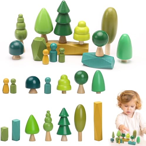 Image of JETMHH Wooden Tree Toys Balancing Stone Blocks | Wooden Sorting Stacking Balancing Stone Rocks for Toddlers 3+ | Lightweight Colorful Educational Toys (Forest)