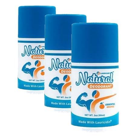 Desodorante natural Lauricare com fórmula vegetal e sem alumínio, fragrância cítrica de laranja, roll-on, pacote com 3