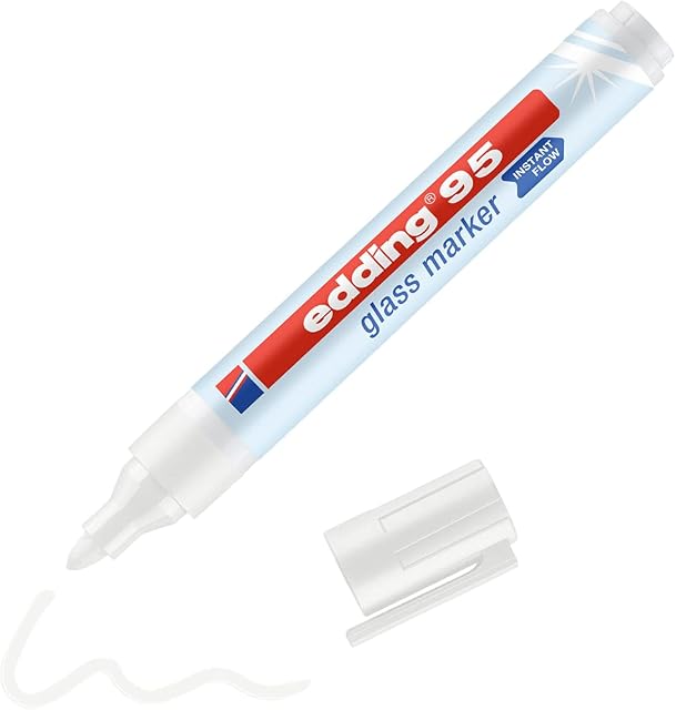 edding 95 glass marker - white - 1 glass pen - round nib 1.5-3 mm - washable window marker pen - for writing and marking on glass surfaces, windows, glassboards, whiteboards - dry-wipeable