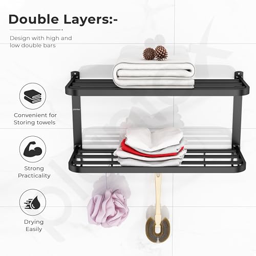 Image of Plantex Double Towel Rack for Bathroom /24 Inch Dual Towel Holder /Towel Bar /Towel Henger /Bathroom Accessories - Pack of 1 (Black)