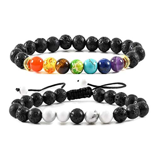 Anxiety Bracelet Set 7 Chakras and Howlite - Long Distance Relationships Lava Stone Essential Oil Aromatherapy Diffuser Gift Present For...