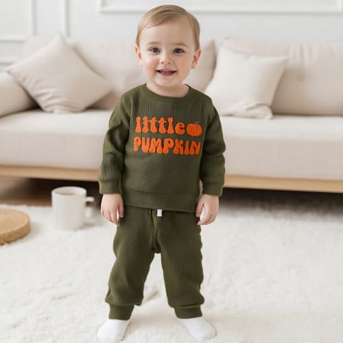 Karuedoo Toddler Baby Boy Halloween Outfit Little Pumpkin Embroidered Waffle Knit Sweatshirt and Pants Set 2Pc Fall Clothes2