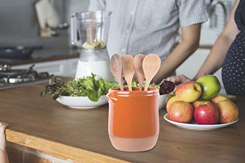 Palais Essentials Ceramic Utensil Crock Utensil Holder (Orange With Natural Bottom 7.5" High) #TOP2