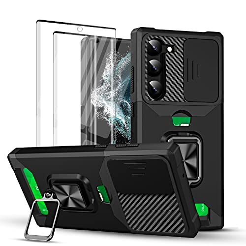 Jusy Hülle für Samsung S23, Handyhülle mit Kameraschutz, mit 2 Displayschutzfolie, Kartenfach Slot und Metall Ring Halter Militär Standard Stoßfest Case Schwarz Cover