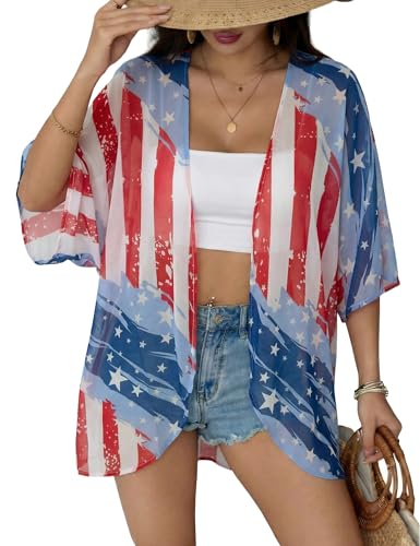 Chunoy Women Summer American Flag Chiffon Kimono...