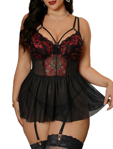 Alrovetoney 4pcs Plus Size Sexy Nightgown For Women Lace Bodysuit Teddy Baby Dolls Panty Sexy Bodysuit Black Red 4XL