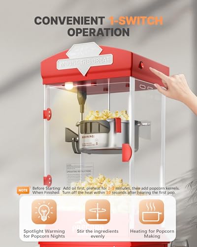 Image of 10 oz Popcorn Machine Cart, Popcorn Maker Machine with Wheel&Stainless-Steel Kettle Makes Up to 48 Cups, Vintage Movie Theater Style Pop Corn Machine, Red
