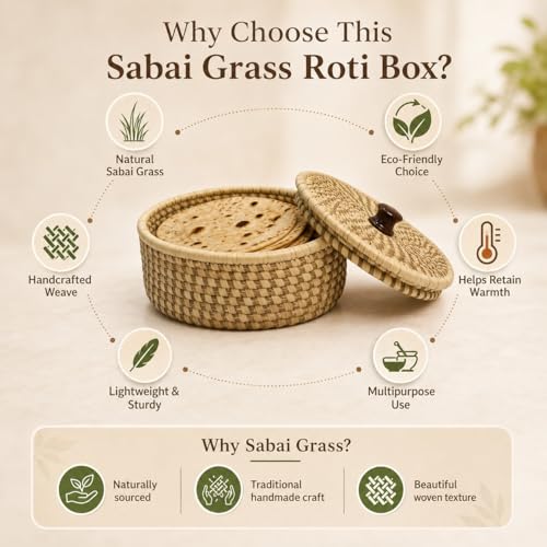 Image of Handcrafted Sabai Grass Roti Box with Lid | Eco-Friendly Chapati Storage Basket for Kitchen | Natural Insulated Roti /Chapati Box with Wooden Knob - Keeps Rotis Warm