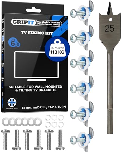Gripit Blue Heavy-Duty Plasterboard Fixings - TV Mounting Kit - Pack of 6 - Holds Up to 113kg - Reusable Drywall Anchor for TVs Stud Walls Kitchen Cupboards & Boilers UK Designed