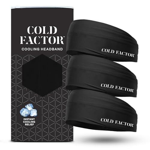 COLD FACTOR Cooling Headband for Women and Men – UPF 50+ Advanced Evaporative Comfort, Instant Cooling Sweatband for Outdoor Sports, Fitness, Yoga, Hiking, Running, and Workout – 3 Pack (Black)