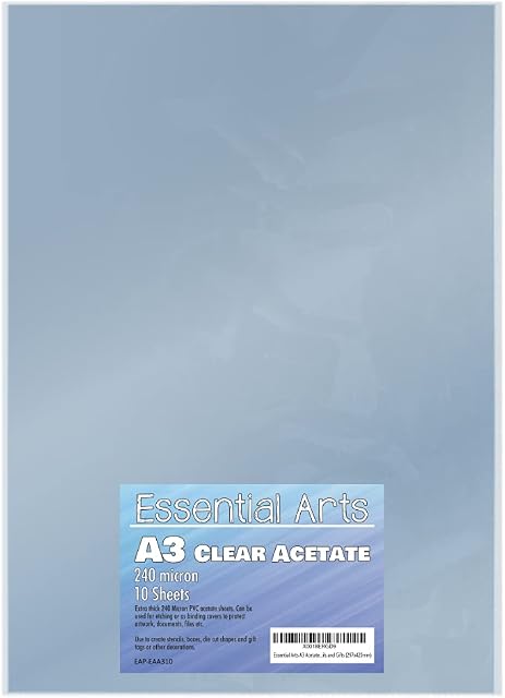 Essential Arts A3 Clear Acetate 240 Micron Pack of 10 Sheets. Extra Thick PVC Binding Cover Ideal for Etching, Craft, Stencils Picture Frames and Gifts