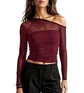Women's Sexy Off Shoulder Tops Long Sleeve Mesh Sheer Asymmetrical