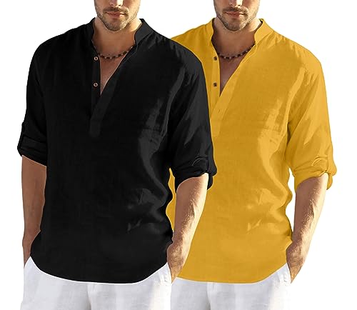 Image of FINIVO FASHION Men's Cotton Blend Solid Full Sleeve Combo Short Kurta Shirt, Regular Fit Solid Pattern Mandarin Collar Straight Kurta Shirt