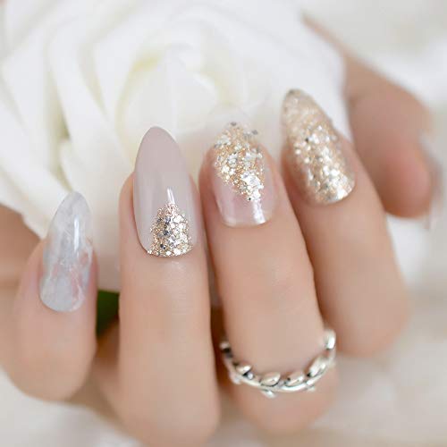 EchiQ Spitzer Stiletto Kunstnägel, Nude Grau Marmor Wolke Fake Nails Clear Shimmer Glitter Drücken auf Full Summer Daily… – Bild 4