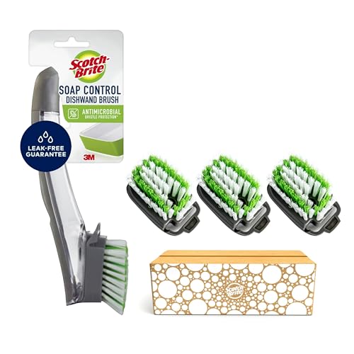 Image of Scotch-Brite Advanced Soap Control Dishwand Brush Scrubber, Antibacterial* Dish Wand Brush with Soap Dispenser with Dishwand Brush Refil, 3 Pack