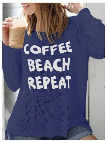 Image of Verdusa Women's Beach Cover Up Sweaters Letter Print Long Sleeve Crochet Crew Neck Knit Sweater Summer Tops