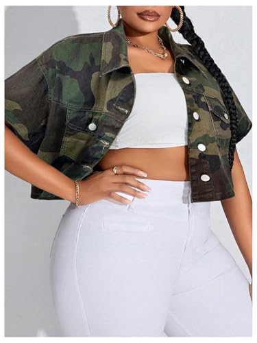 WDIRARA Women's Plus Size Camo Print Crop Denim Jacket Button Down Short Sleeve Jean Coat3