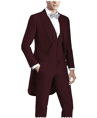 Men's Tailcoat 3 Pieces Formal Stylish Suits Prom Tuxedos Tail Coat Wedding Groomsmen(Blazer+Vest+Pants)