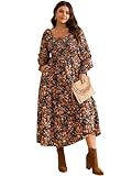 Women's Fall Dress 2025 Long Sleeve Square Neck Smocked A-Line Floral Flowy Plus Size Maxi Wedding Guest Dress with Pockets Bohemian Green Floral Print L
