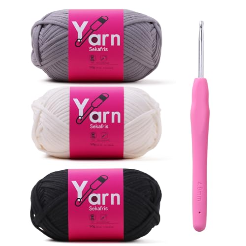 Image of Crochet Yarn 150g /163.5yds Cotton Yarn for Crocheting - Crochet Knitting Yarn for Beginners with Easy-to-See Stitches - Yarn for Crocheting - Parfait Chunky Yarn (Grayish+White+Black)