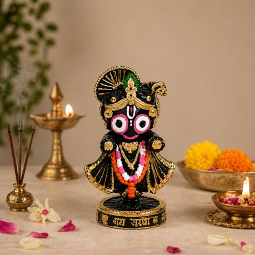 Image of eCraftIndia Lord Jagannath Idol Black & Golden Decorative Showpiece for Home Temple Puja Room Office Desk Spiritual Gift Handcrafted Resin Figurine Traditional Hindu God Murti for Vastu Decor