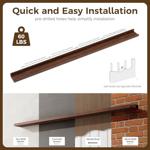 FLYJOE 72 Inch Floating Shelves for Wall | Wood Picture Ledge Shelf Set of 2 | Solid Ash Wood Floating Shelves with Lip | Picture Shelf for Wall with Ledge | Photo Ledge Shelves