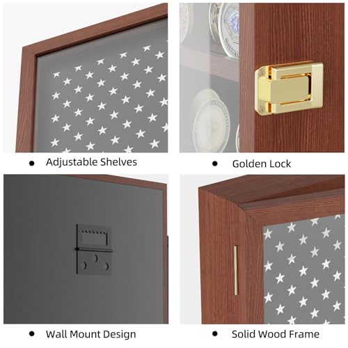 Image of Challenge Coin Display Case, Military Coin Holder Display with American Flag Design & Hidden Storage Compartment, Wooden Challenge Coin Wall Display for 46 Coins, Coin Holder for Collectors-Brown