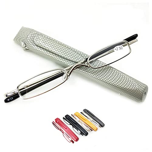 Mężczyźni Kobiety Przenośne mini okulary do czytania, wąskie czytniki kieszonkowe z etui na długopis, czytniki z zawiasami sprężynowymi (kolor: srebrny, rozmiar: 2,75x)