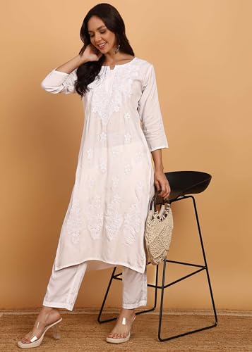 Image of Women Pink Ethnic motifs Embroidered Lucknowi Chikankari Long Kurti