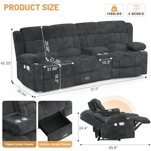 Dresegmt Recliner Sofa with Storage Console, Flip Middle Backrest Design 3 Seat Reclining Sofa with Storage Drawer, USB Ports & Cup Holders, Manual Couch for Living Room (Gray, 3 Seater + Console)
