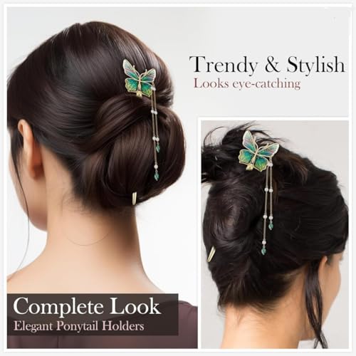 Image of HAIR WALA Decorative Butterfly Hair Juda Stick with Pearl Beads, Green and Gold Traditional Japanese Hair Pin, Floral Design