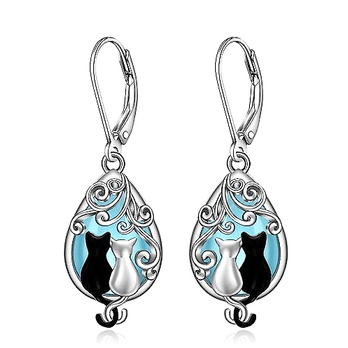 Cat Earrings Cat Lover Gifts for Women Sterling Silver Moonstone Dangle Halloween Gifts Jewelry