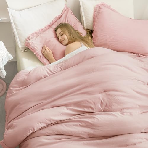 Image of Andency Pink Comforter Set Full Size for Girls, Blush Boho Women Tassel Lightweight Bedding Comforter Sets, 3 Pieces All Season Soft Fluffy Fringe Bed Set (79x90In Comforter & 2 Pillowcases)