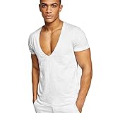 Rela Bota Mens Deep V Neck T Shirt Stretch Muscle Gym Workout Tee Shirt Short Sleeve Slim Fit Low Cut Tank Tops White