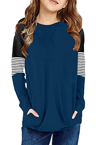 Image of SELINK Girls Big Kids Long Sleeve Striped Color Block Pocket Tees | Casual Loose Fit With Side Pockets,Soft Stretch Polyester Blend For Big Girls Daily&Back To School Wear