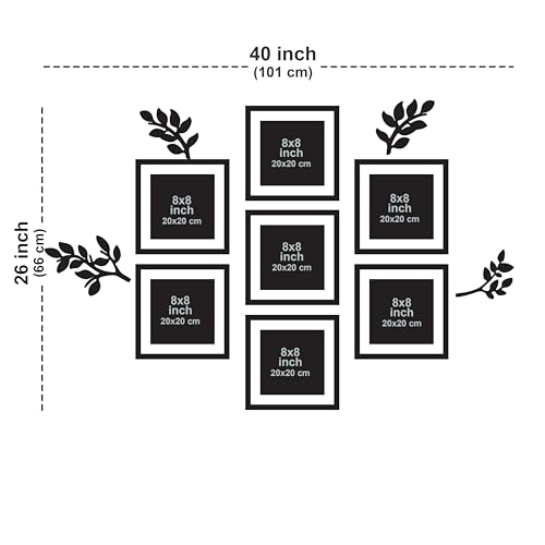 Image of Art Street Picture Frame Botanical Wall Decor with Pack of 7 Square Black Photo Frames & 4 MDF Leaf Cutouts 8x8 Inch Set with White Matt Nature Inspired Wall Hanging Art 20x20 cm