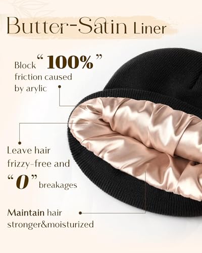 YANIBEST Womens Satin Lined Knit Beanie Hat Acrylic Winter Hats for Women Men Silk Lining Soft Slouchy Warm Cuffed Beanie Hat