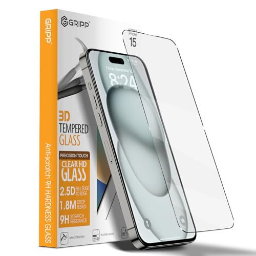 Image of GRIPP 3D Japanese Tempered Glass Screen Protector for iPhone 15 Pro (6.1 inch), 3D Curved Edges, Scratch-Resistant, 9H Hardness, Full Coverage, Bubble Free