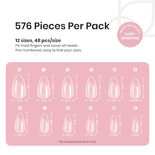 Image of Beetles Gel Nail Tips 576Pcs Pre-Shape Short Almond Etch-X Nail Tips,12 Sizes Soft Acrylic False Tips Half Matte Full Cover Easy DIY Press On Nail Extensions Art Salon Gift Set for Women