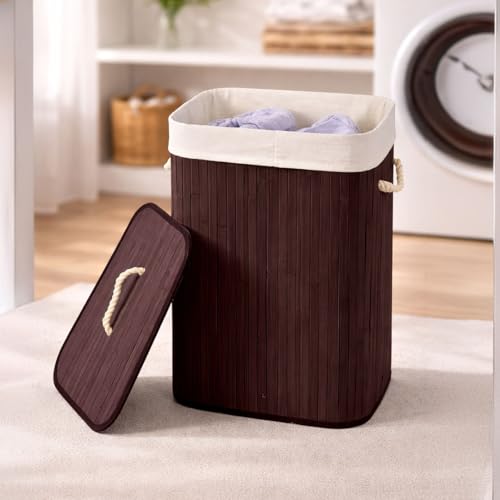 Image of Rioware Bamboo laundry bag basket for clothes with lid toy storage organiser box foldable Square Home Organizer and Storage | Eco Friendly | Compact and Easy to carry- Dark Brown Econest