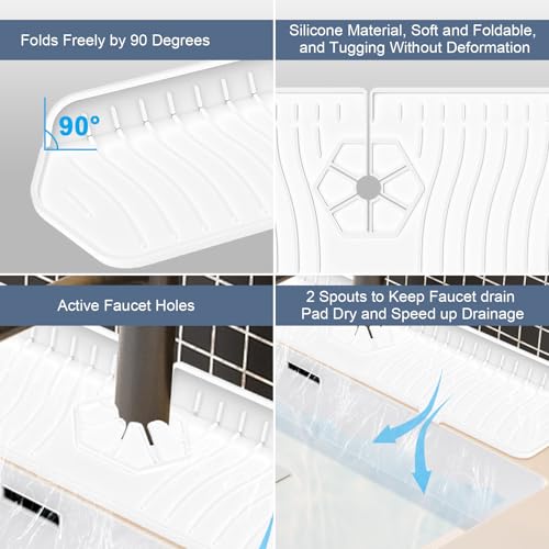 Image of Faucet Guard - 90 Foldable Draining Mat for Kitchen Sink with 2 Drain Ports, White, 17.7 inch*5.66 inch