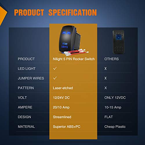 Nilight NI-RS05 LED Light Bar Rocker Switch 5Pin Laser On/Off Rear Lights Rocker Switch 20A/12V 10A/24V Switch Jumper Wires Set,2 years Warranty , Blue by Nilight - Image 9