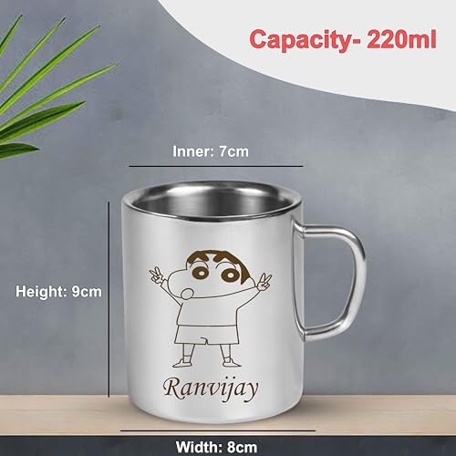Image of SAVRI Personalized Stainless Steel Mug for Kids with Customized Name Engraved & Cartoon Design | 220 ml Double Wall Insulated Mug for School, Milk, Juice & Water (Shinchan)