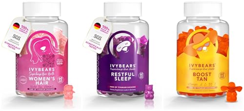 IvyBears® Women’s Glow Pack – Hair Vitamin + Glow Tanning + Fast Acting Melatonin Gummies – Vegan Gummies with Biotin, Collagen, Beta-Carotene & Sleep Support – Hair, Skin & Rest Routine – 60 ct Each